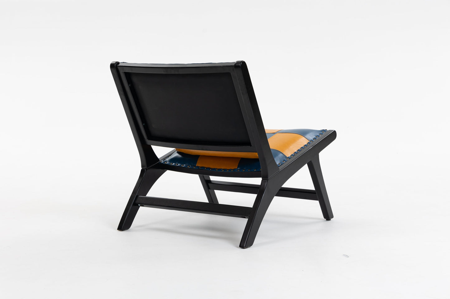 Modern Boho Accent Chair with black frame and blue orange cushion for indoor use on Tampa Home & Garden Store