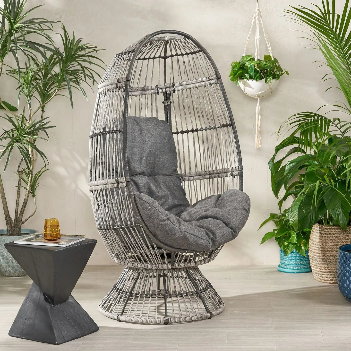 Patio Swivel Basket Egg Chair with Cushion, grey woven wicker frame, modern swing chair on Tampa Home & Garden Store