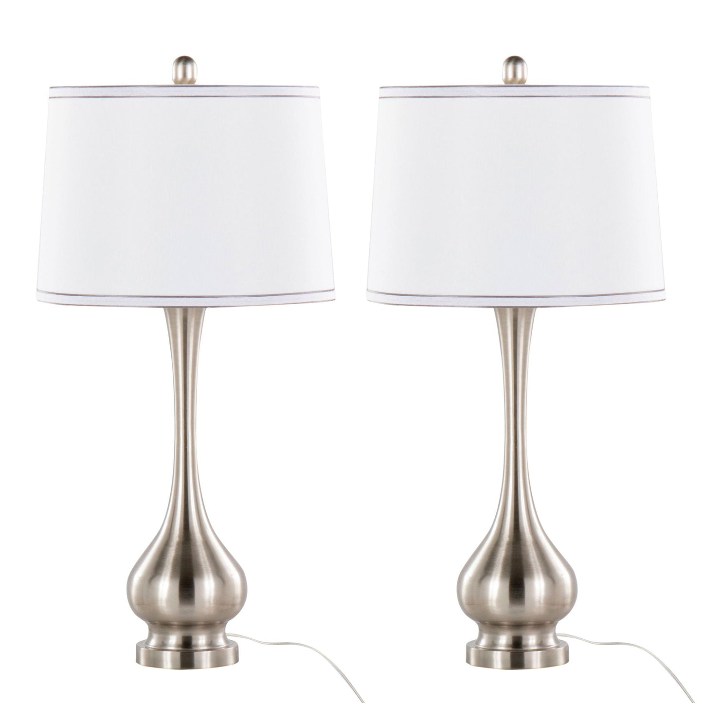 Cairo contemporary table lamps set of 2 in nickel finish with white shades and silver trim on Tampa Home & Garden Store