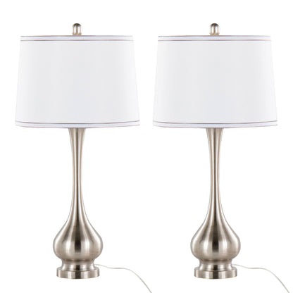 Cairo contemporary table lamps set of 2 in nickel finish with white shades and silver trim on Tampa Home & Garden Store