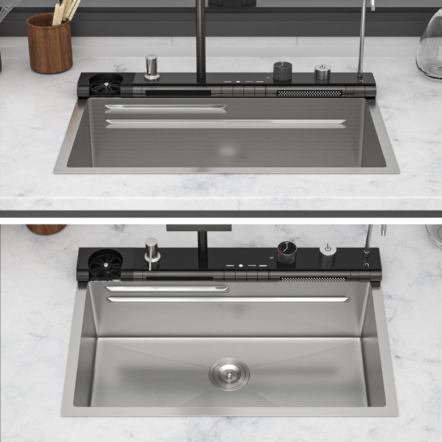 Single Bowl Kitchen Sink And The Smart Led Faucet