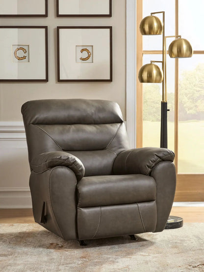 Elksworth Rocker Recliner by Unique Piece Furniture in gray leather upholstery on Tampa Home & Garden Store