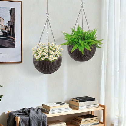 Self watering hanging planter pair in dark brown woven baskets; daisies and ferns HouseOfZazla on Tampa Home & Garden Store
