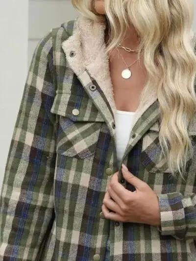 Plaid Snap Down Plush Hooded Jacket Women Warm