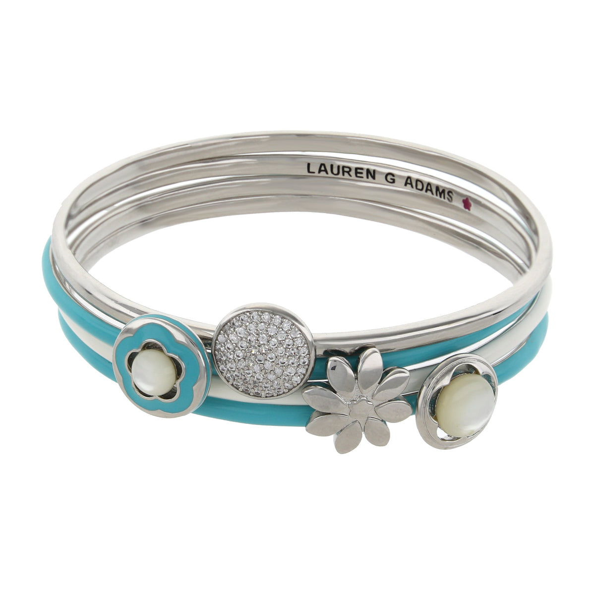 Floral Days Bangle Set by Lauren G Adams, turquoise stackable bracelets with flower charms on Tampa Home & Garden Store