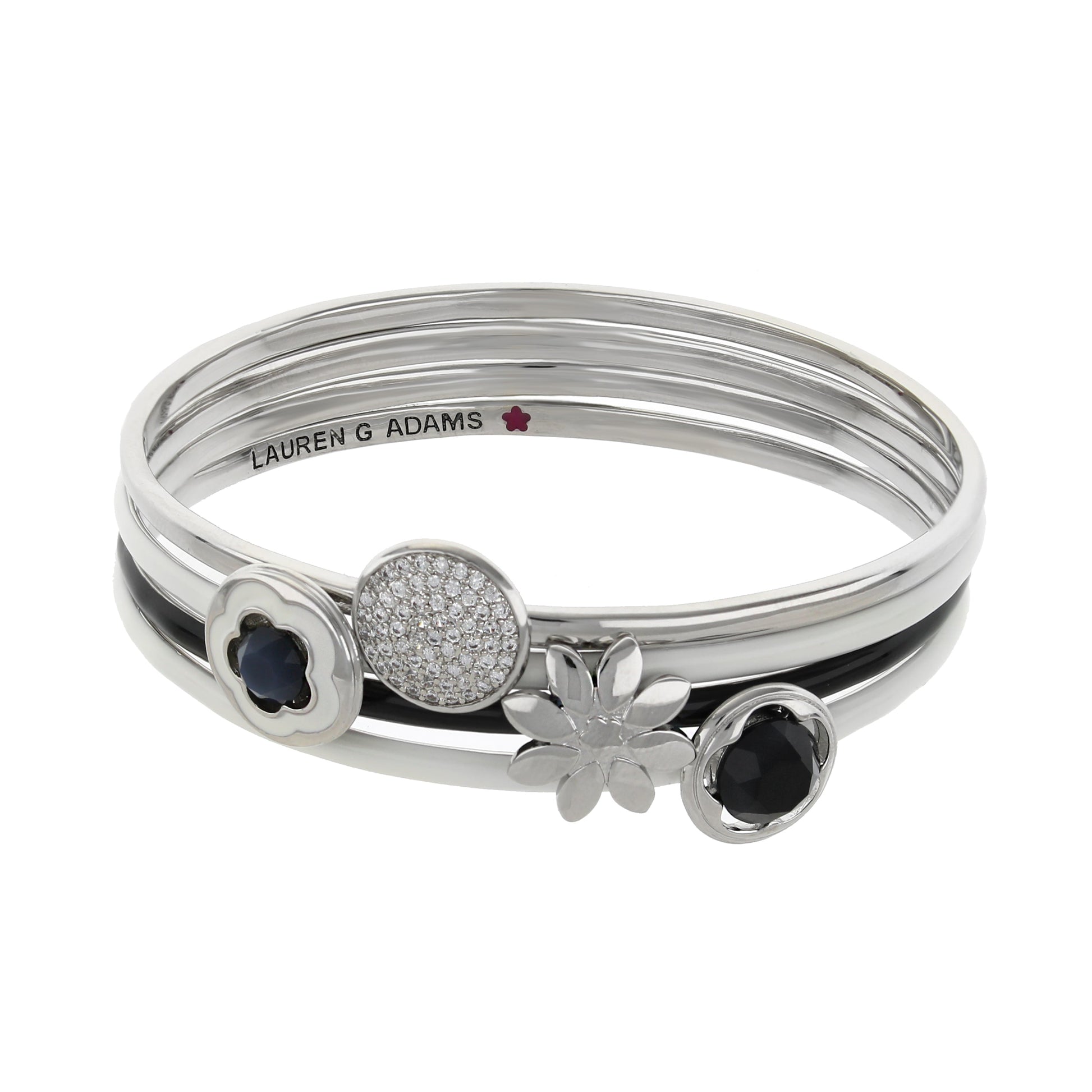 Floral Days Bangle Set, stacked silver bangles by Lauren G Adams with pavé crystal charms on Tampa Home & Garden Store