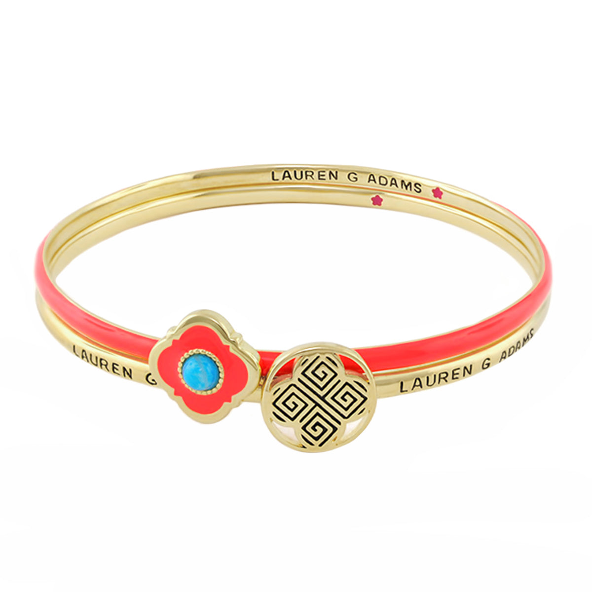 Venetian Dream Bangle; gold bracelet with coral enamel and turquoise center charm on Tampa Home & Garden Store