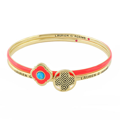 Venetian Dream Bangle; gold bracelet with coral enamel and turquoise center charm on Tampa Home & Garden Store