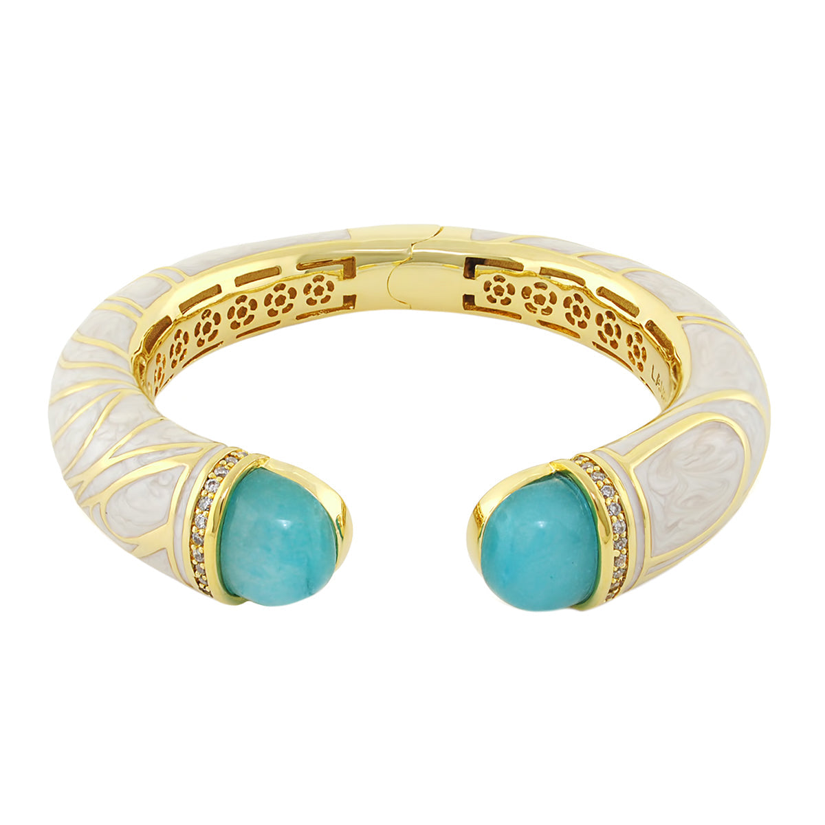 Cool Ice Bangle by Lauren G Adams: gold-tone with white enamel panels turquoise cabochons on Tampa Home & Garden Store