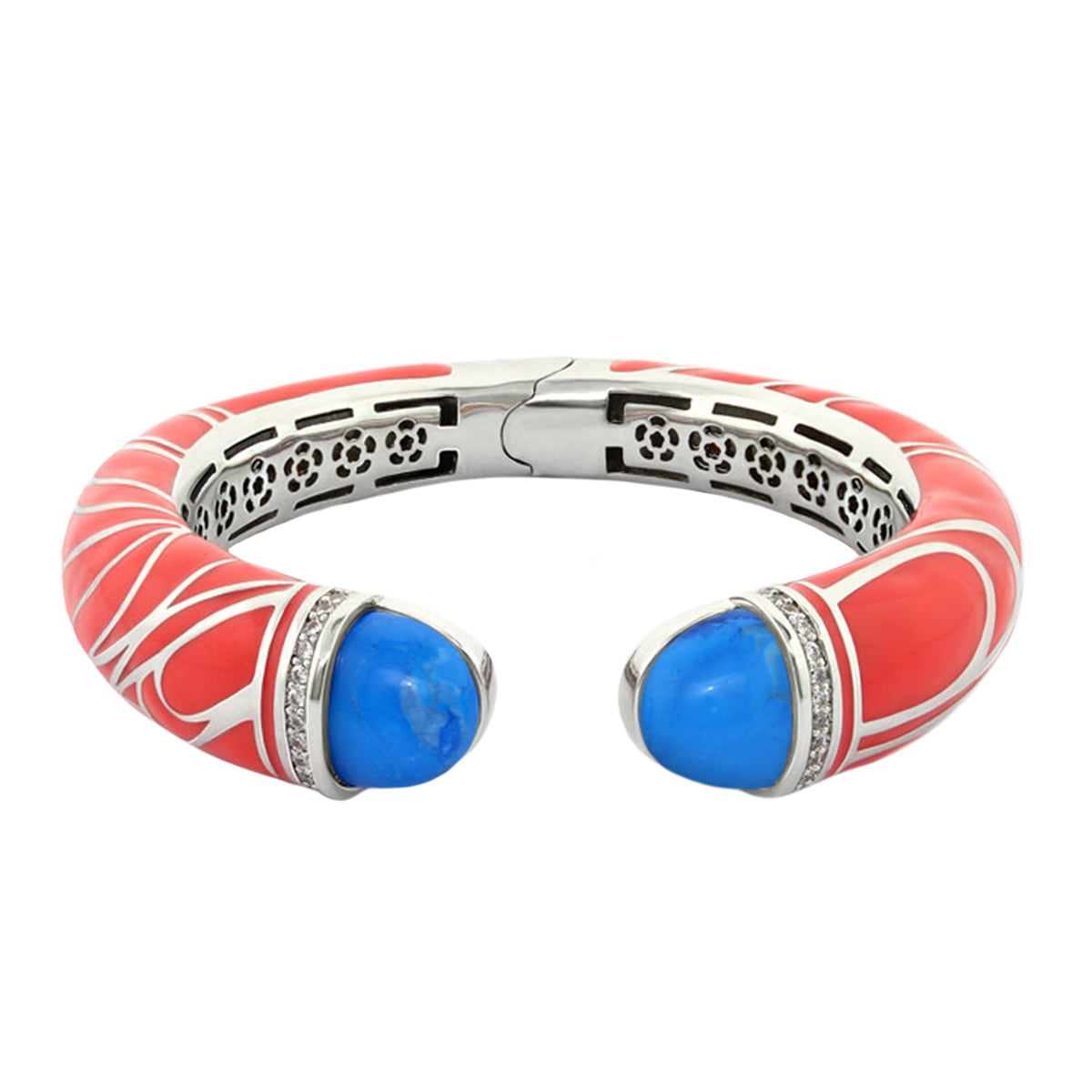Cool Ice Bangle stackable bracelet by Lauren G Adams, coral enamel with blue cabochon ends on Tampa Home & Garden Store
