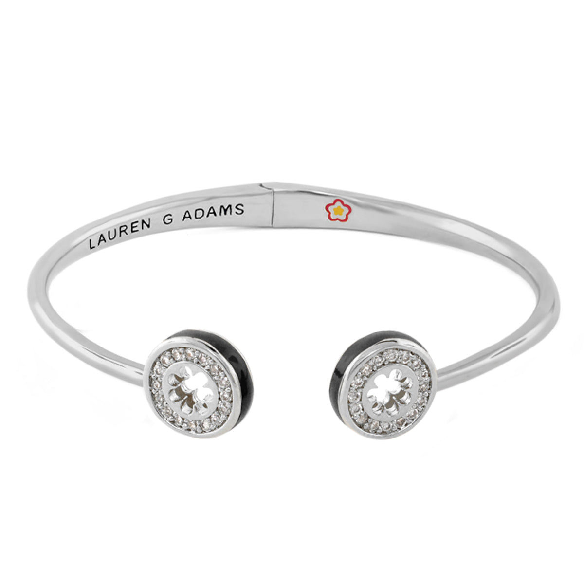 Open Arms Pave Flower Bangle by Lauren G Adams, silver-tone bracelet with pavé flower ends on Tampa Home & Garden Store