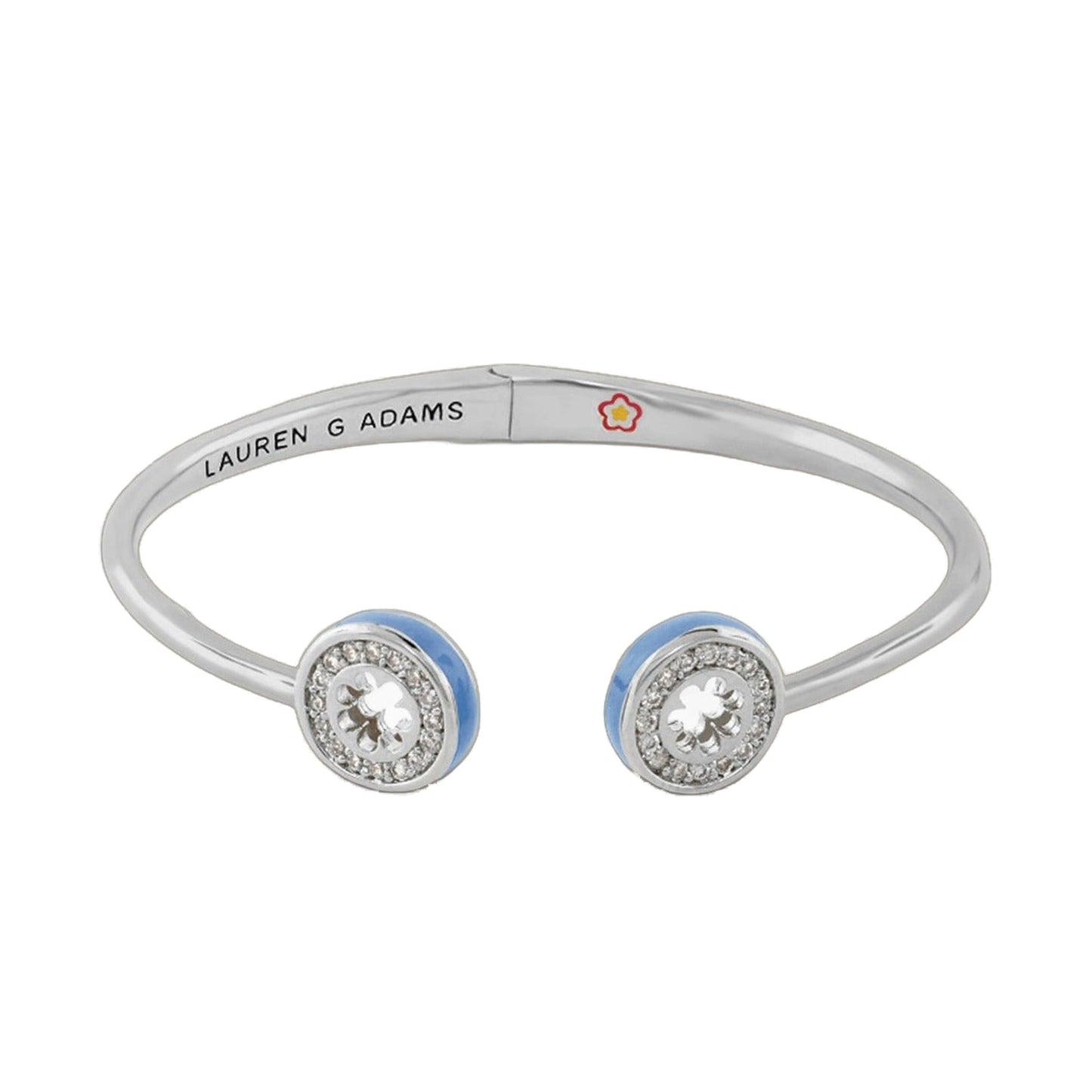 Open Arms Pave Flower Bangle, cuff with blue enamel ends and pavé crystals, Lauren G Adams on Tampa Home & Garden Store