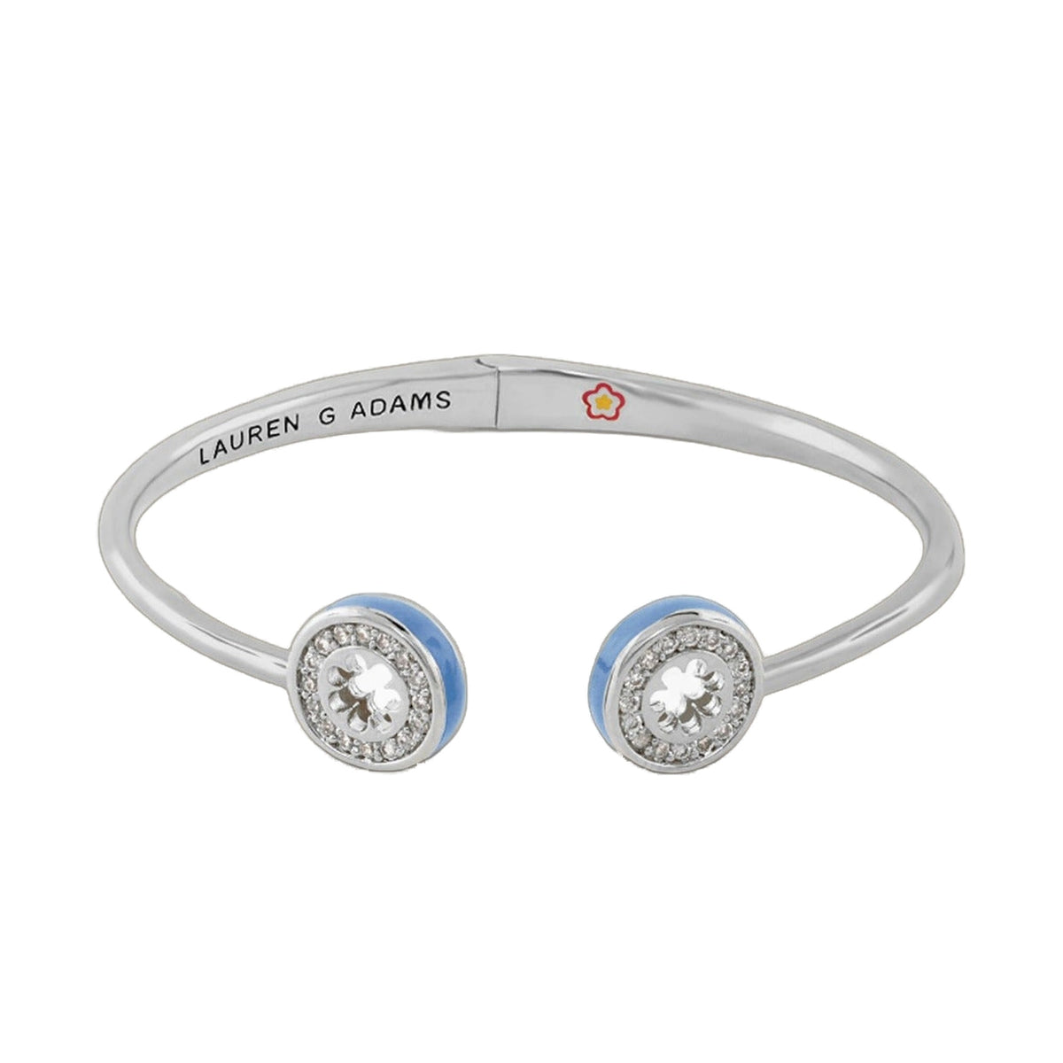 Open Arms Pave Flower Bangle, cuff with blue enamel ends and pavé crystals, Lauren G Adams on Tampa Home & Garden Store