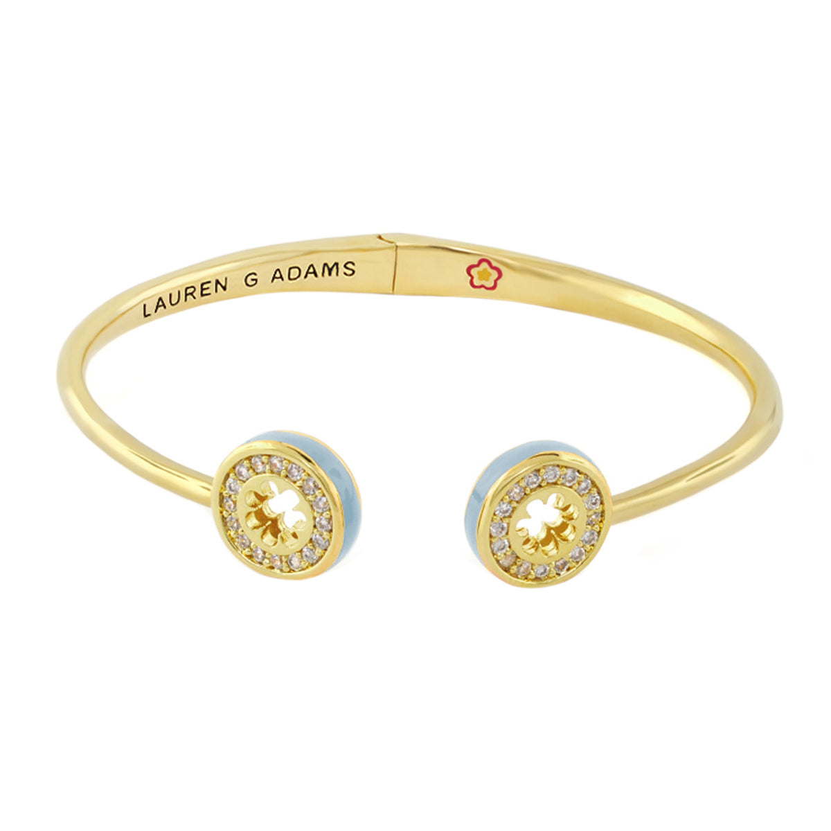Open Arms Pave Flower Bangle by Lauren G Adams, gold bracelet with blue enamel ends on Tampa Home & Garden Store