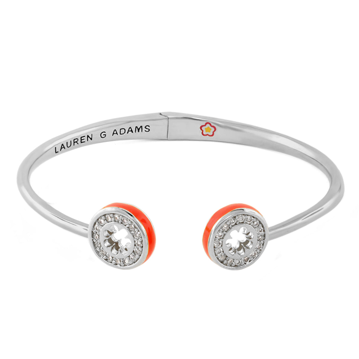 Open Arms Pave Flower Bangle in silver with orange enamel ends and pave flower by Lauren G Adams on Tampa Home & Garden Store