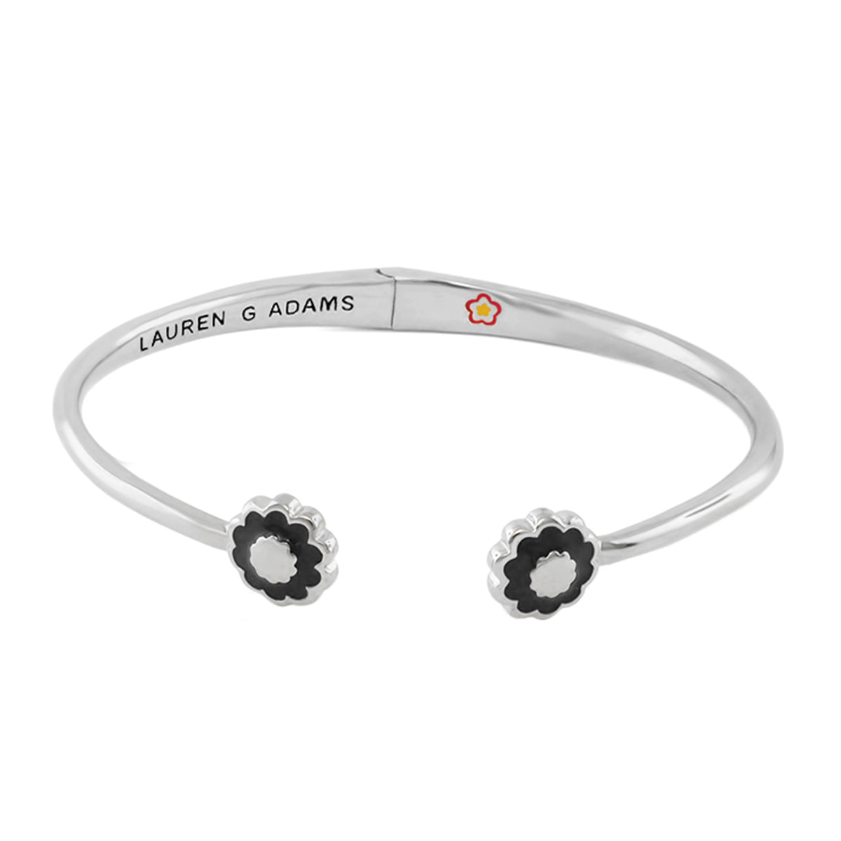 Open Arms Flower Bangle by Lauren G Adams, silver-tone bracelet with black enamel flowers on Tampa Home & Garden Store