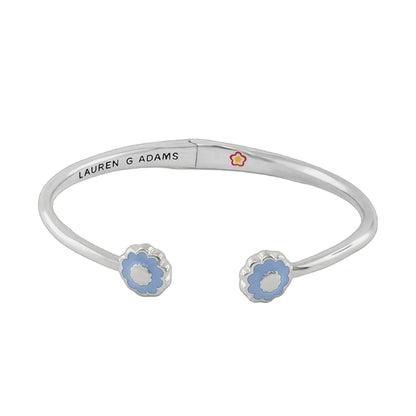Open Arms Flower Bangle by Lauren G Adams, silver bracelet with two blue flower charms on Tampa Home & Garden Store