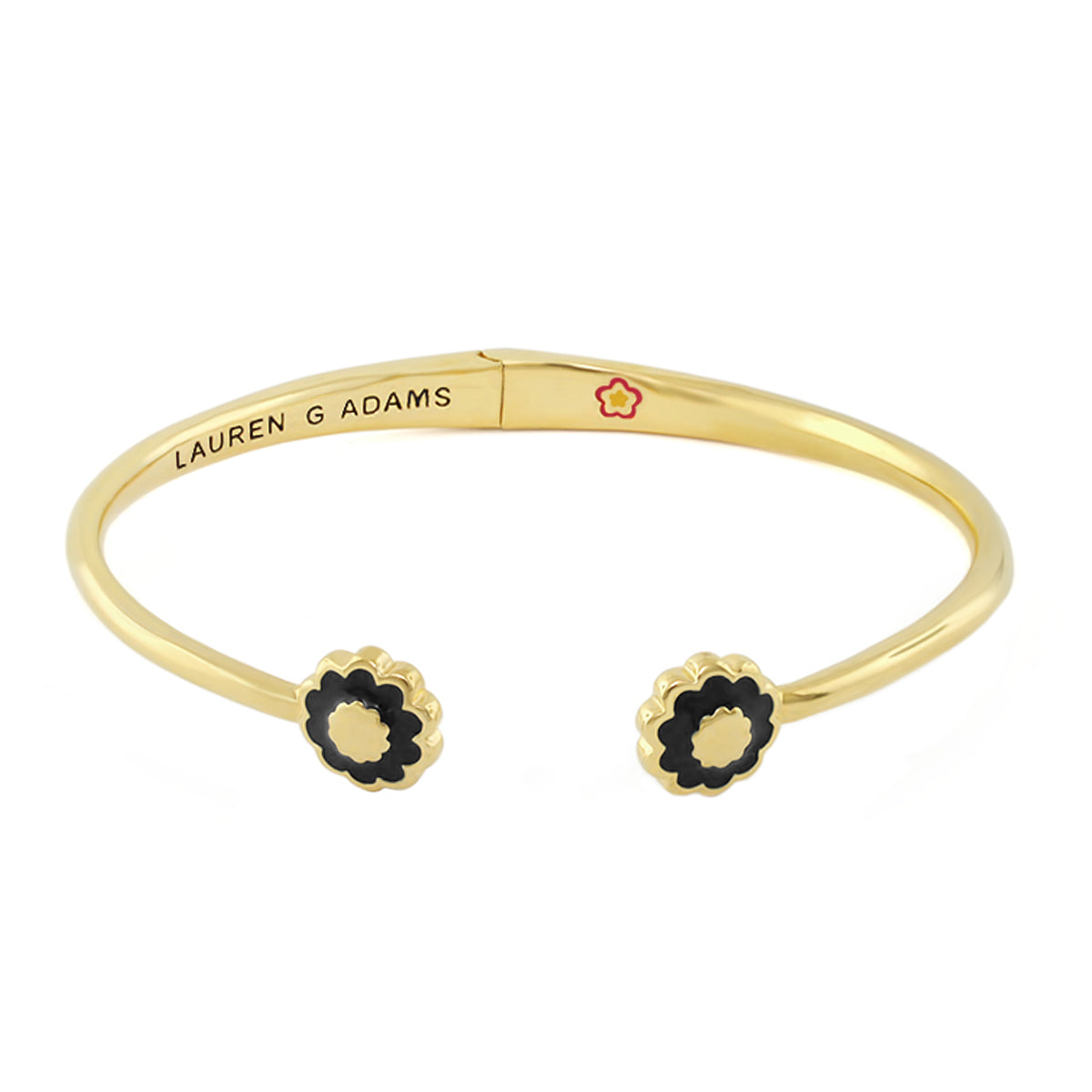 Open Arms Flower Bangle gold-tone cuff with black enamel flower ends by Lauren G Adams on Tampa Home & Garden Store