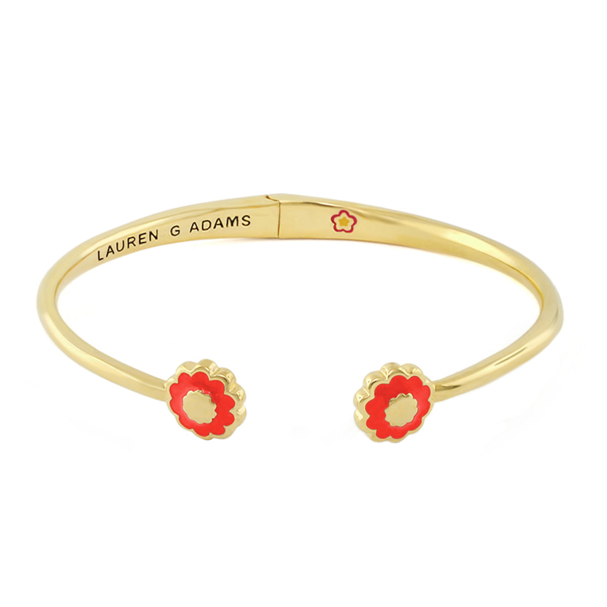 Open Arms Flower Bangle by Lauren G Adams, gold-tone bracelet with red enamel flowers at ends on Tampa Home & Garden Store