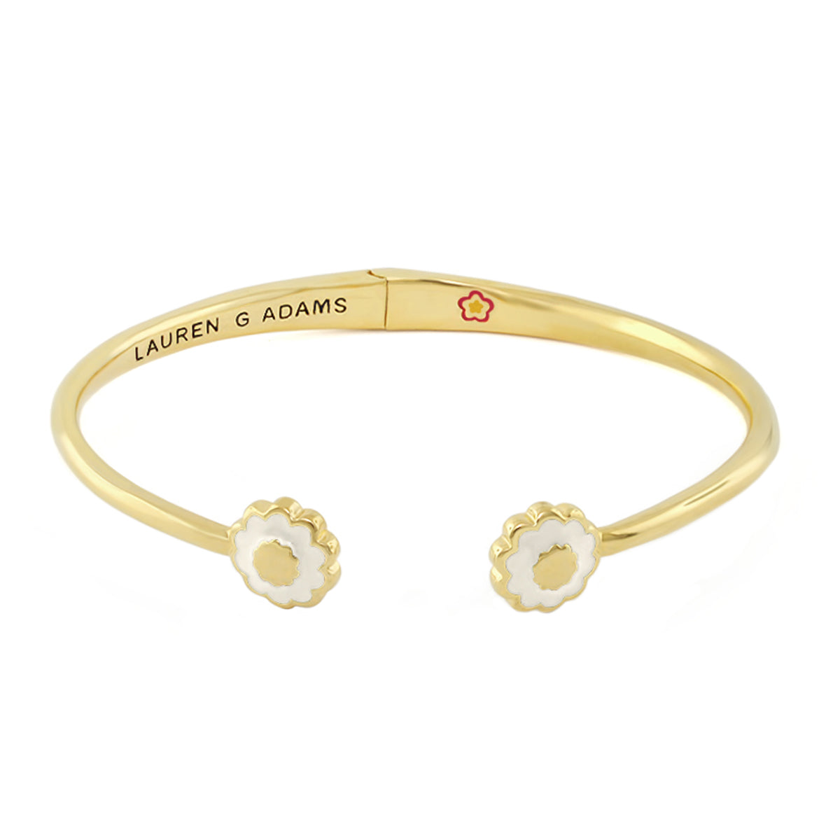 Open Arms Flower Bangle by Lauren G Adams, gold-tone bracelet with open ends and white enamel daisies on Tampa Home & Garden Store