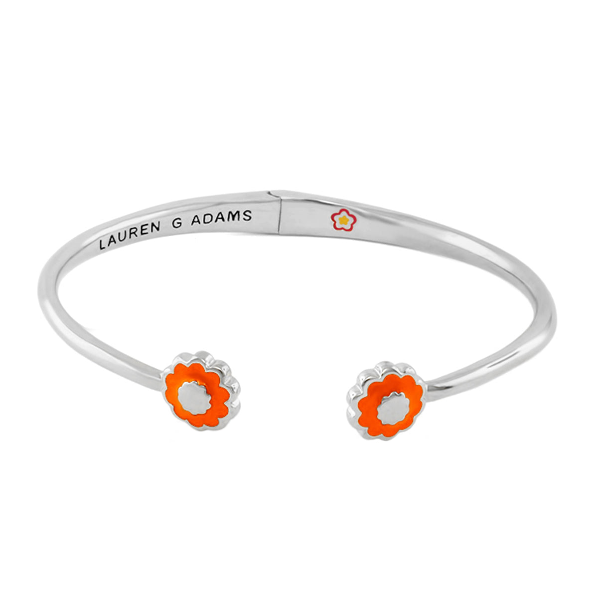 Open Arms Flower Bangle bracelet, silver open cuff with orange flower ends, Lauren G Adams on Tampa Home & Garden Store