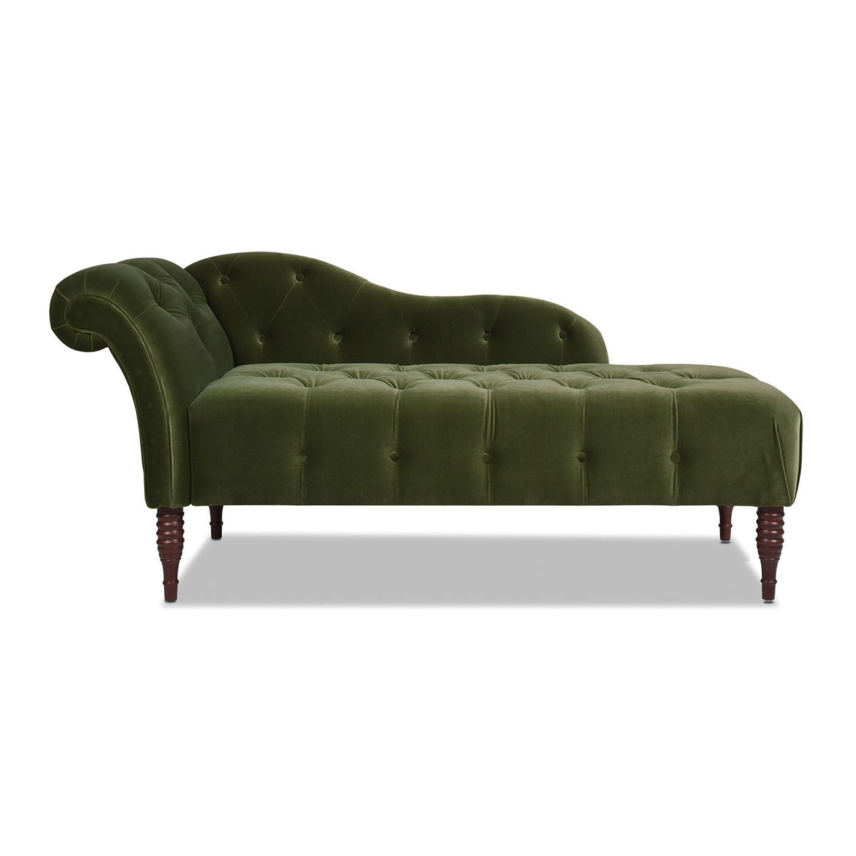 Tufted roll-arm chaise lounge in green velvet with tufting and wood legs HouseOfZazla on Tampa Home & Garden Store