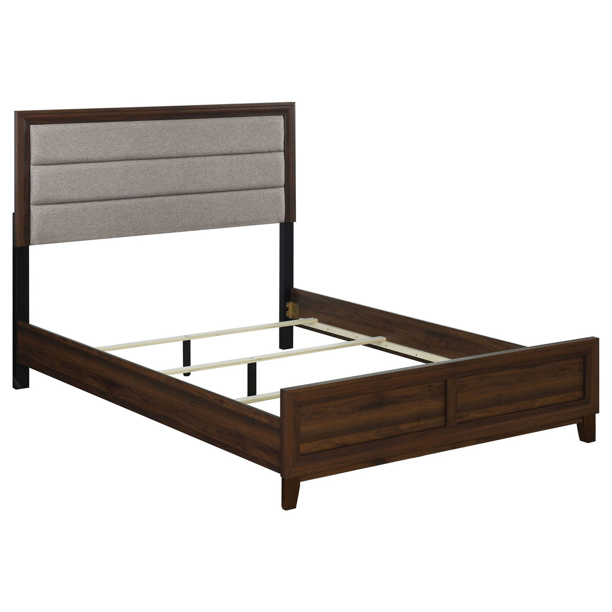 Anza panel bed headboard in dark wood with gray upholstered panels, bed frame on Tampa Home & Garden Store