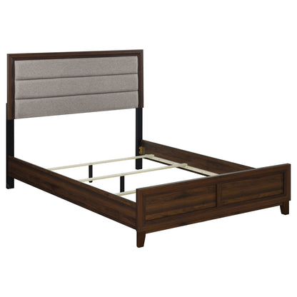 Anza panel bed headboard in dark wood with gray upholstered panels, bed frame on Tampa Home & Garden Store