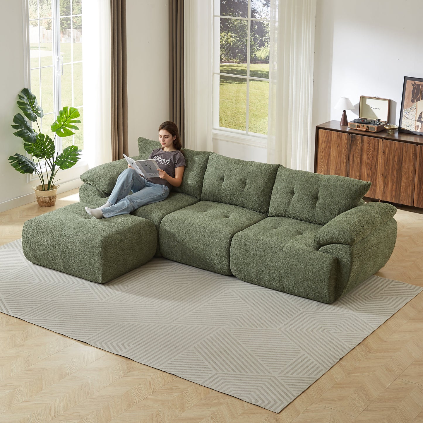 115'' Large Modern 3-Seater Sofa by HouseOfZazla in green textured fabric on Tampa Home & Garden Store
