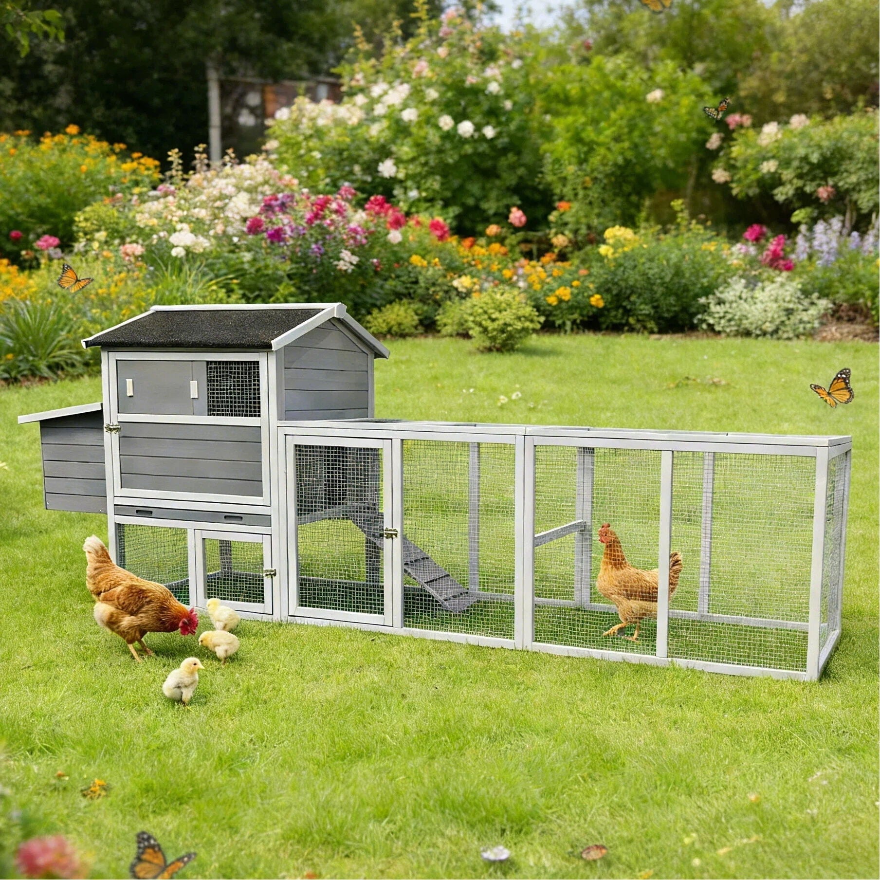 Chicken coop with run and nesting box by HouseOfZazla in gray with wiremesh run panels in garden on Tampa Home & Garden Store