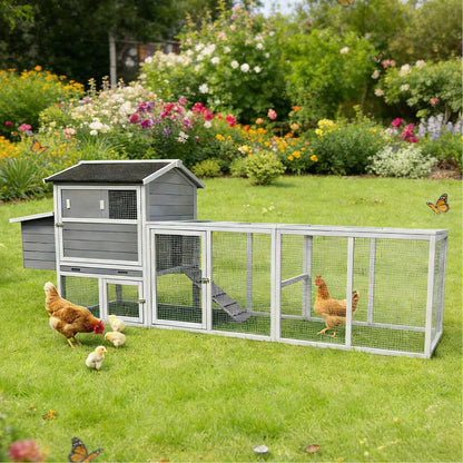 Chicken coop with run and nesting box by HouseOfZazla in gray with wiremesh run panels in garden on Tampa Home & Garden Store