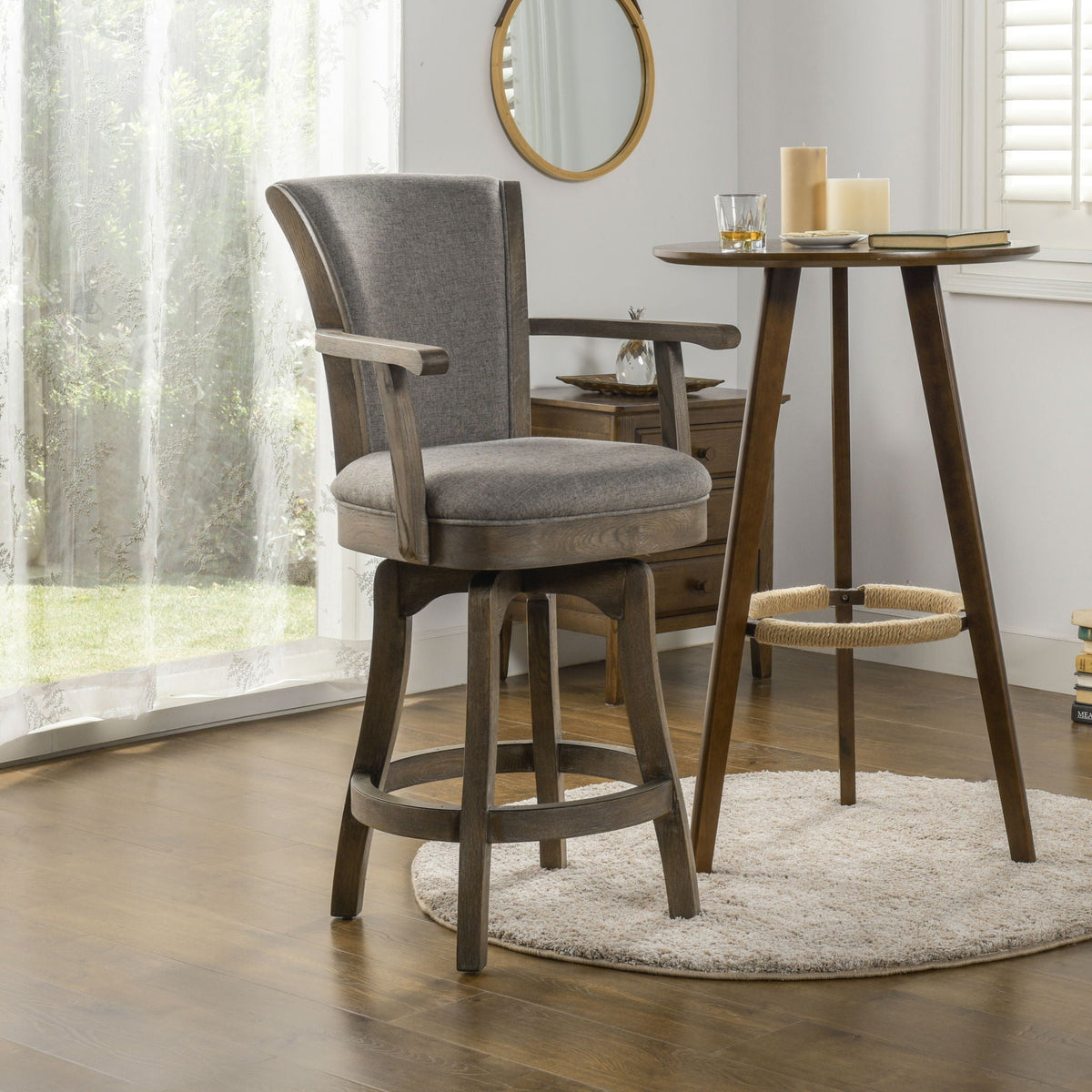 Pair of HouseOfZazla swivel counter-height bar stools with high back and dark hardwood frames on Tampa Home & Garden Store