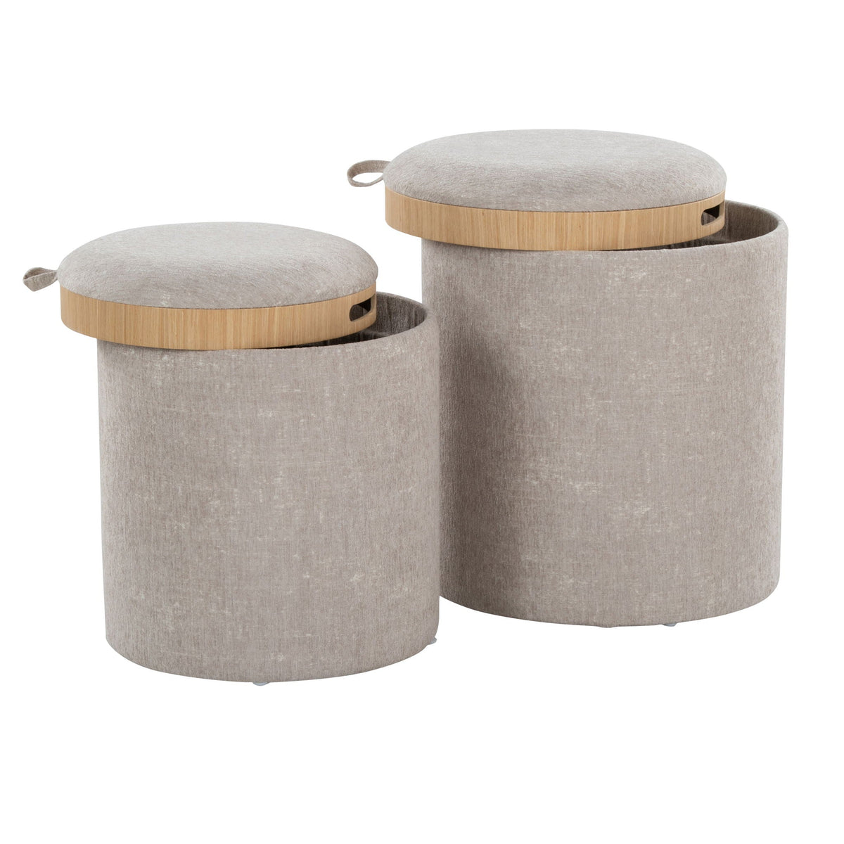 2-piece HouseOfZazla nesting ottomans with flip-top wooden tray lids in gray fabric on Tampa Home & Garden Store