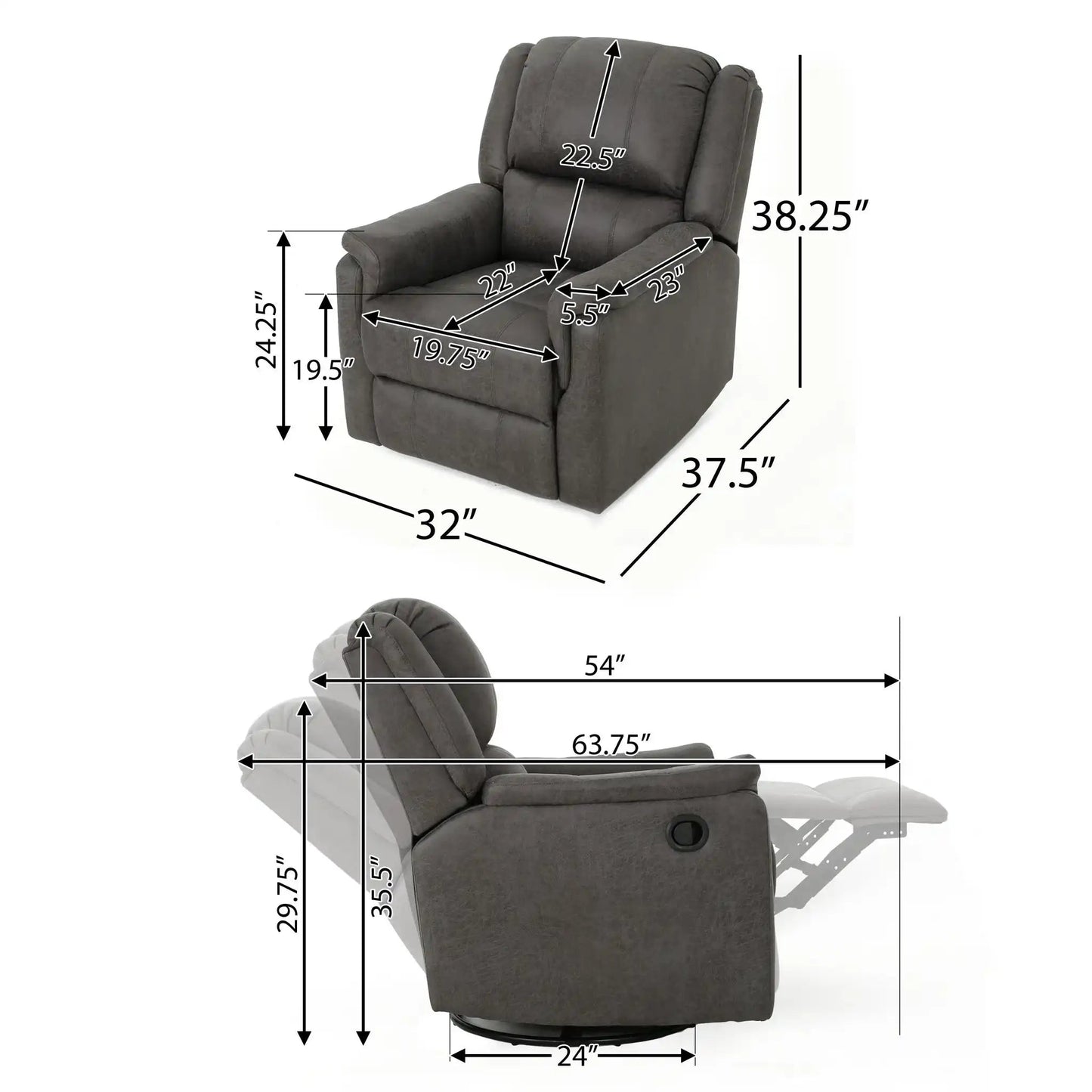 HouseOfZazla contemporary glider recliner with swivel function in gray fabric on Tampa Home & Garden Store