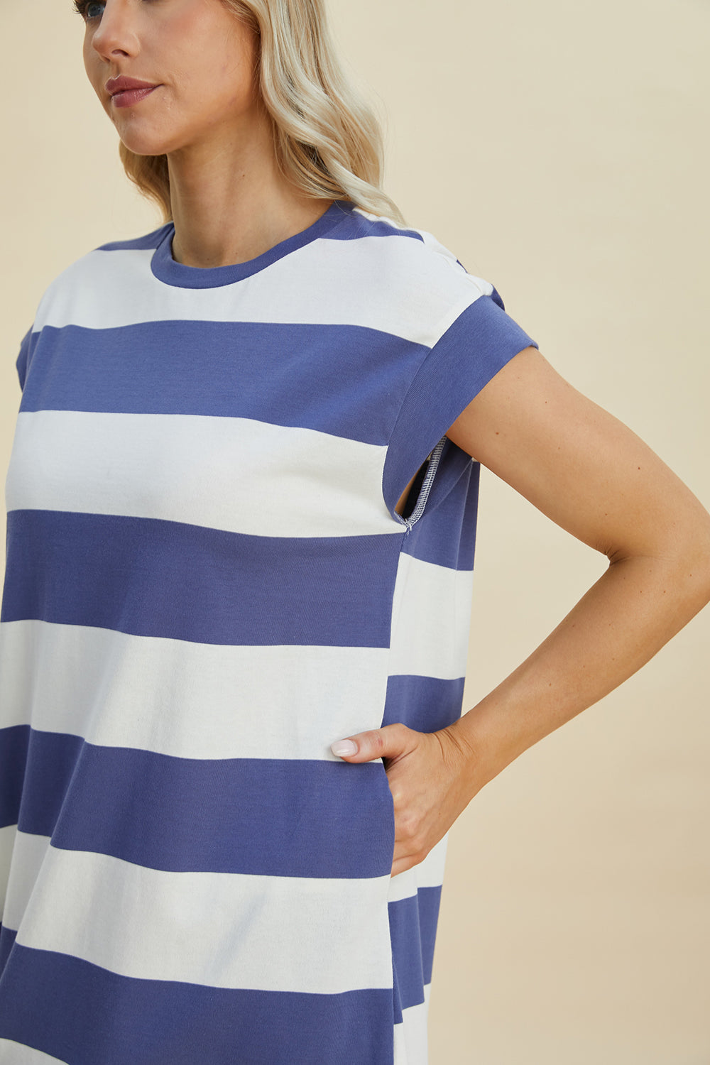 Stevvex striped round-neck cap-sleeve mini dress in blue and white, casual chic everyday on Tampa Home & Garden Store