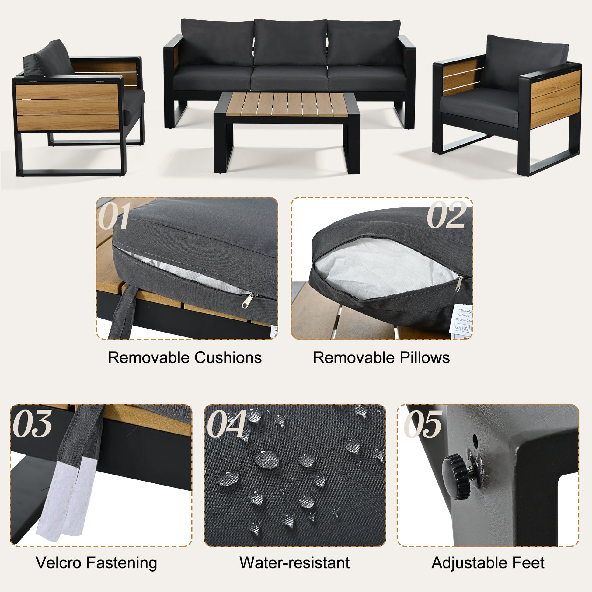 Aluminum frame outdoor patio 4-piece set for 5: sofa and two chairs with charcoal cushions, wood-slatted coffee table on Tampa Home & Garden Store