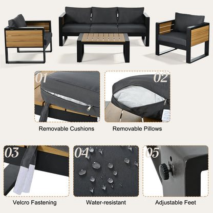 Aluminum frame outdoor patio 4-piece set for 5: sofa and two chairs with charcoal cushions, wood-slatted coffee table on Tampa Home & Garden Store