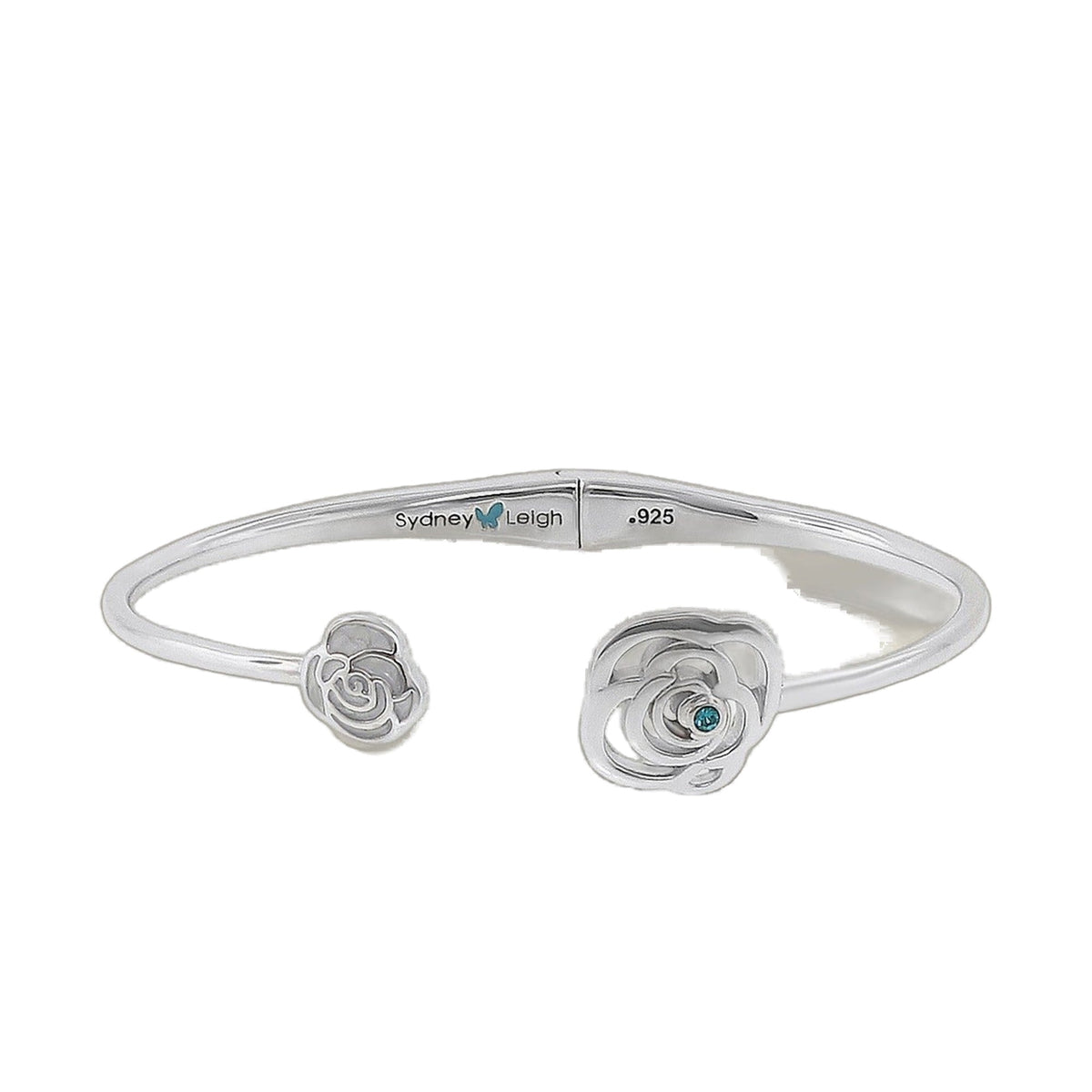 Sydney Leigh Rose Bangle hinged silver bracelet with rose filigree ends and turquoise accent on Tampa Home & Garden Store