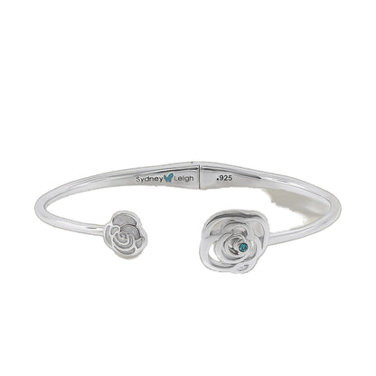 Sydney Leigh Rose Bangle hinged silver bracelet with rose filigree ends and turquoise accent on Tampa Home & Garden Store