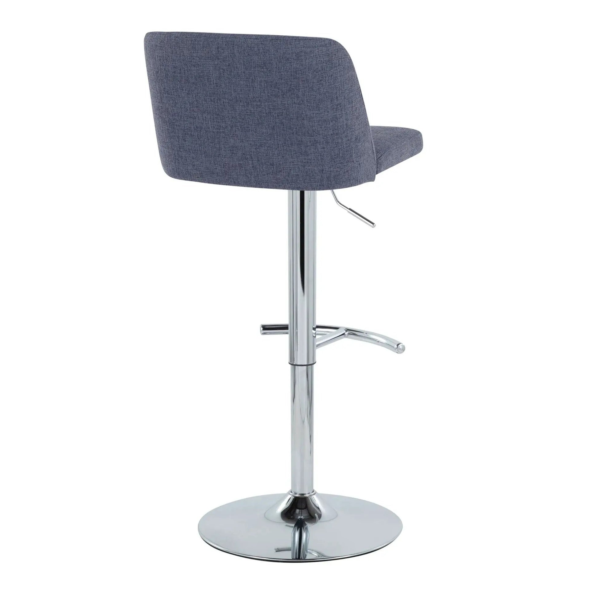 Blue upholstered Toriano adjustable barstool with swivel and T footrest, chrome base on Tampa Home & Garden Store