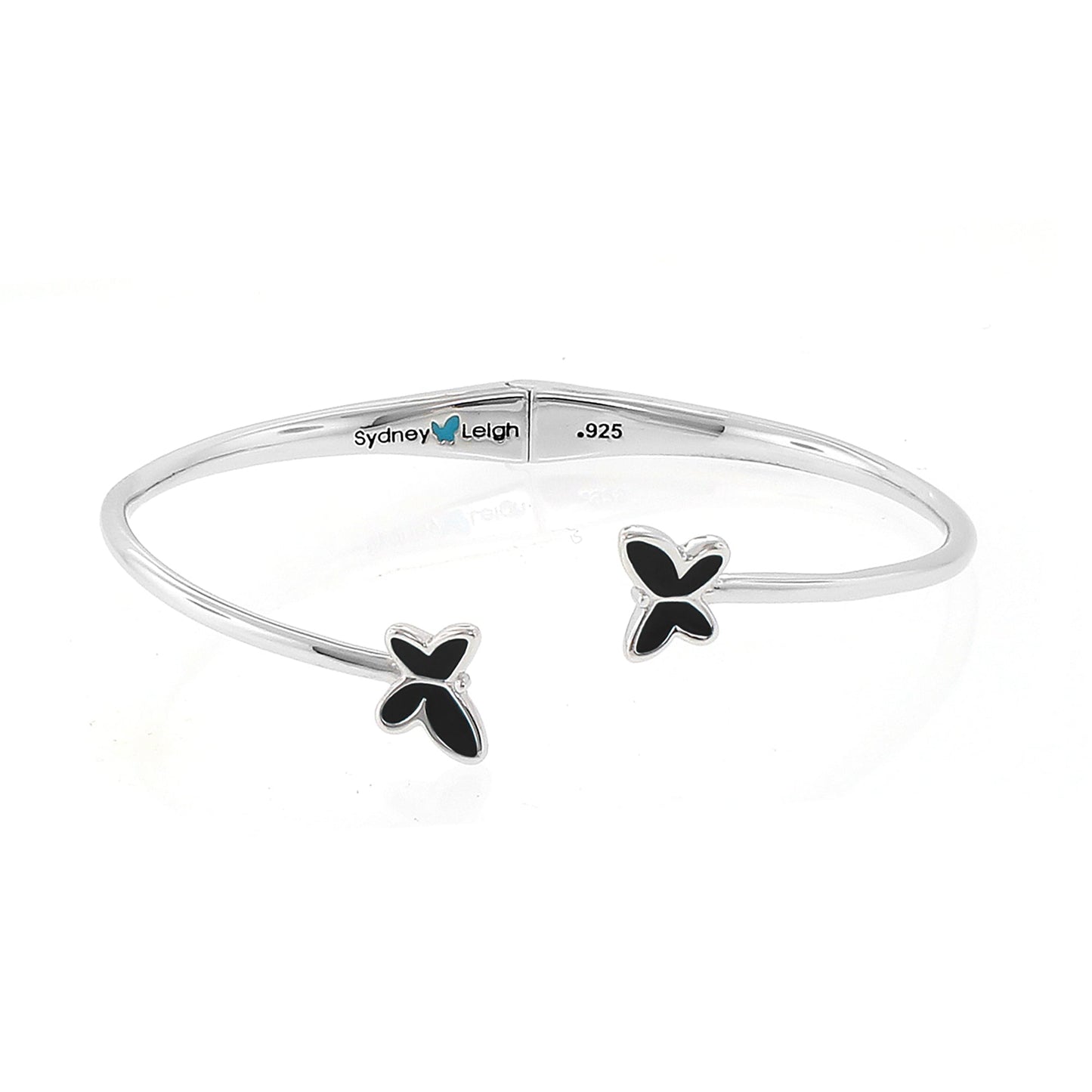 Sydney Leigh butterfly bangle in sterling silver with black enamel butterfly charms, slim bypass design on Tampa Home & Garden Store
