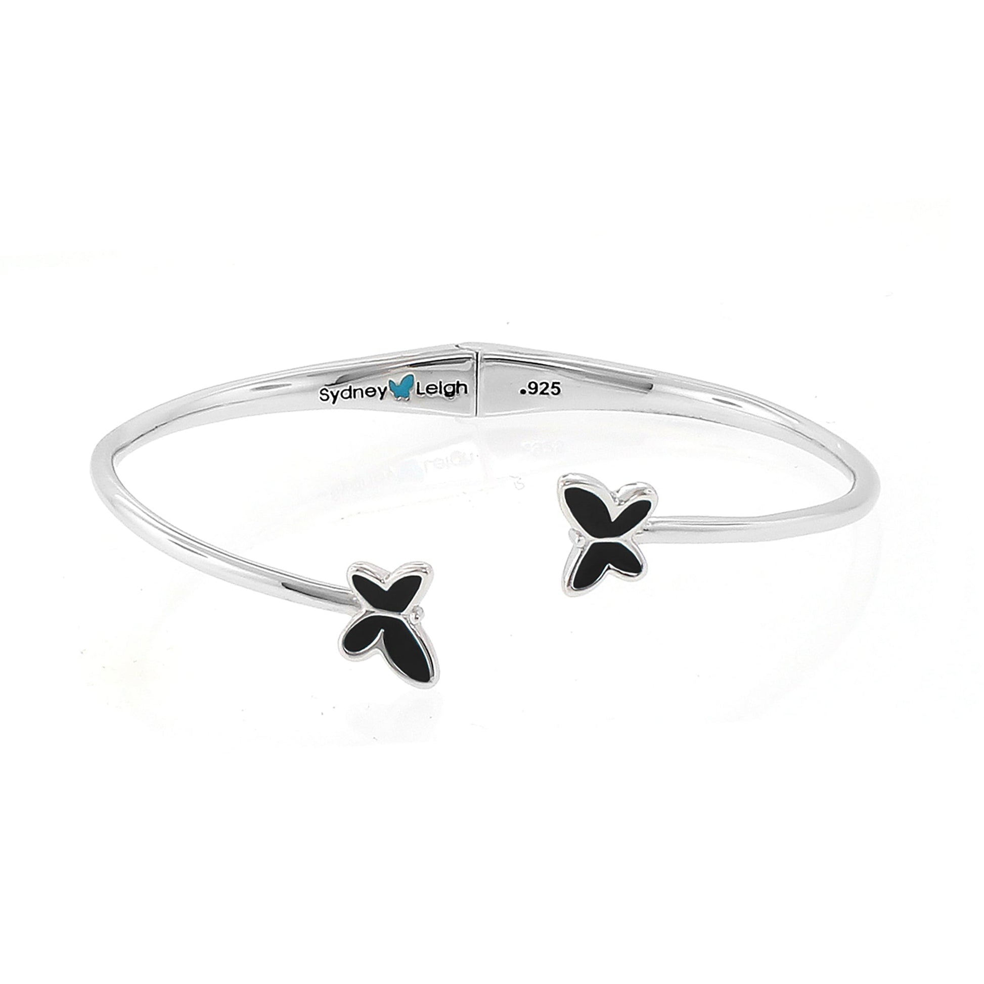 Sydney Leigh butterfly bangle in sterling silver with black enamel butterfly charms, slim bypass design on Tampa Home & Garden Store