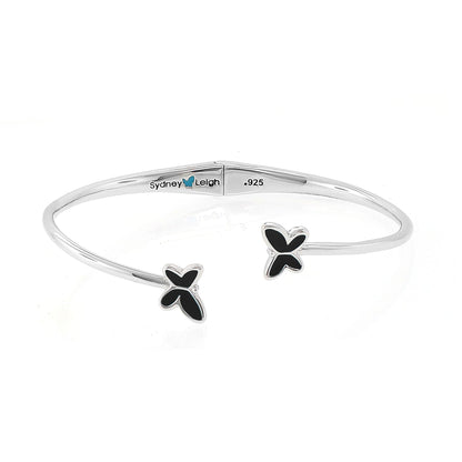 Sydney Leigh butterfly bangle in sterling silver with black enamel butterfly charms, slim bypass design on Tampa Home & Garden Store