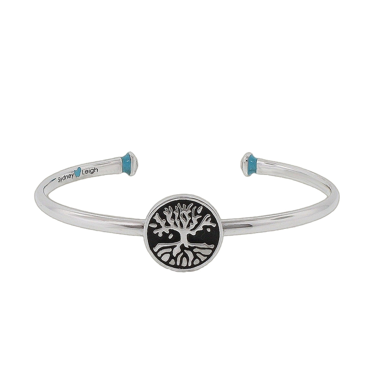Sydney Leigh Tree of Life Bangle silver hinged bracelet with turquoise end caps on Tampa Home & Garden Store