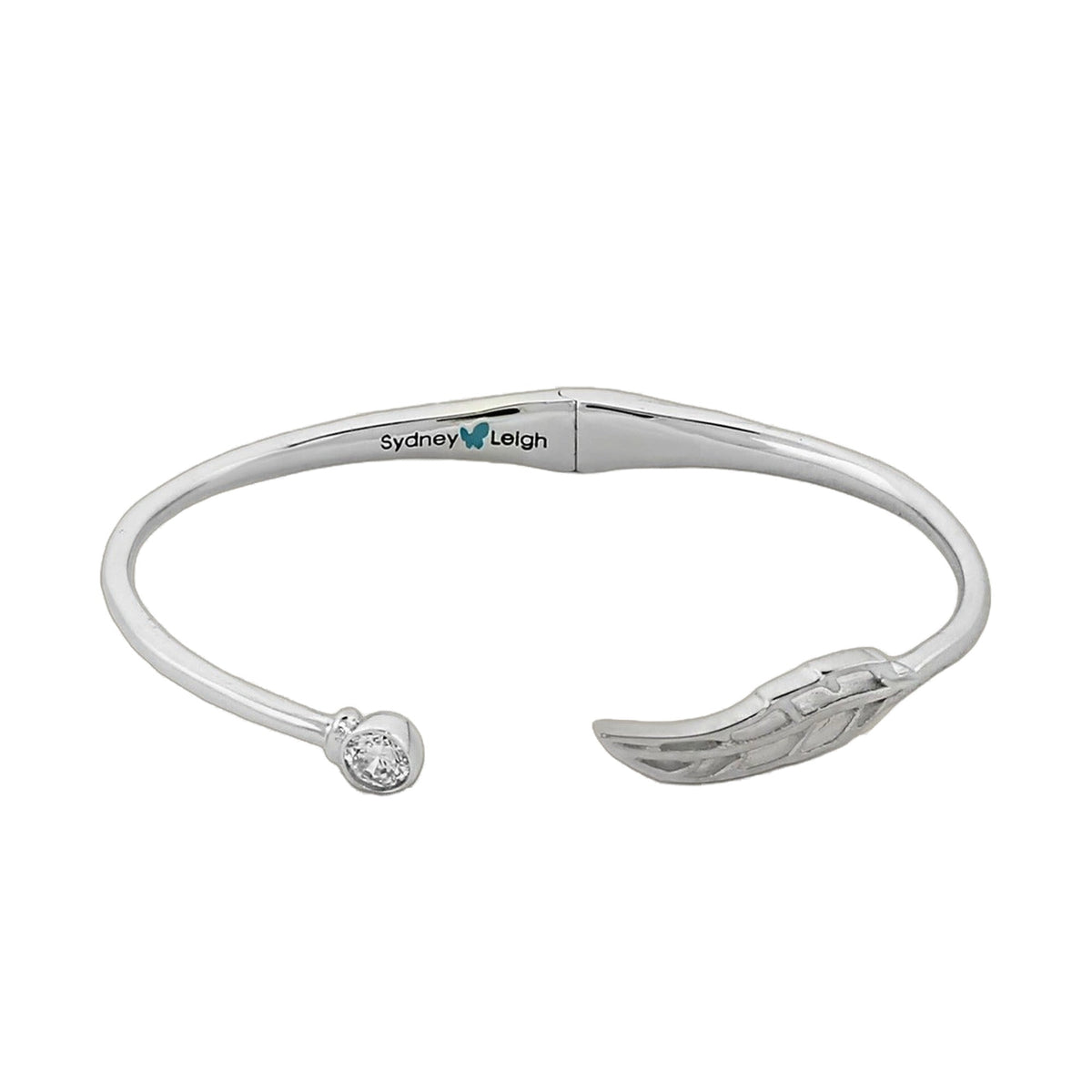 Sydney Leigh Feather Bangle silver-tone hinged bracelet with feather detailing and crystal end on Tampa Home & Garden Store