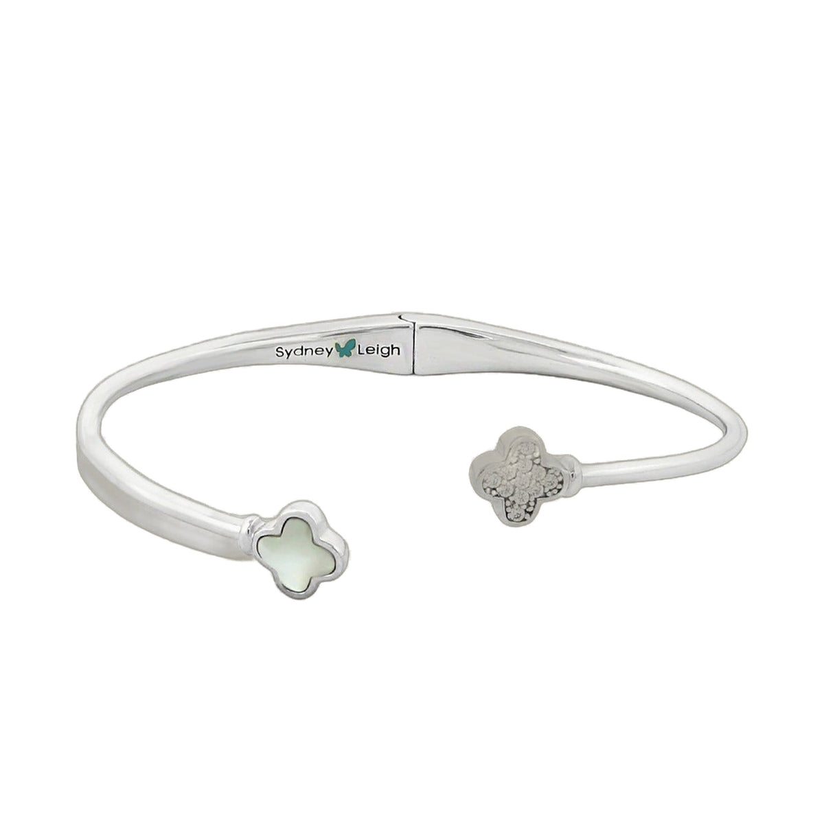 Sydney Leigh Clover Bangle, silver hinged bracelet with clover charms at ends by Lauren G Adams on Tampa Home & Garden Store