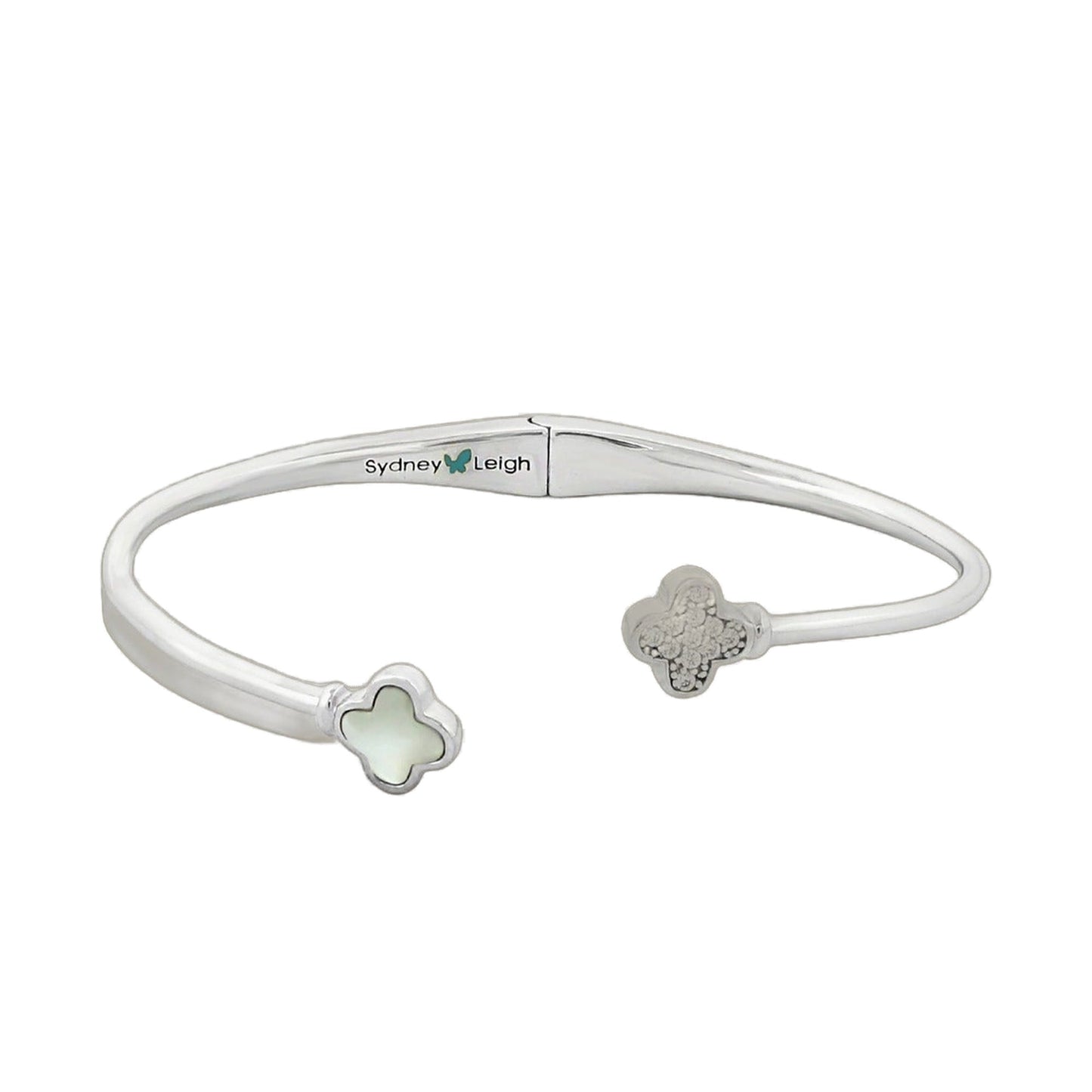 Sydney Leigh Clover Bangle hinged bracelet with two clover charms in silver tone on Tampa Home & Garden Store