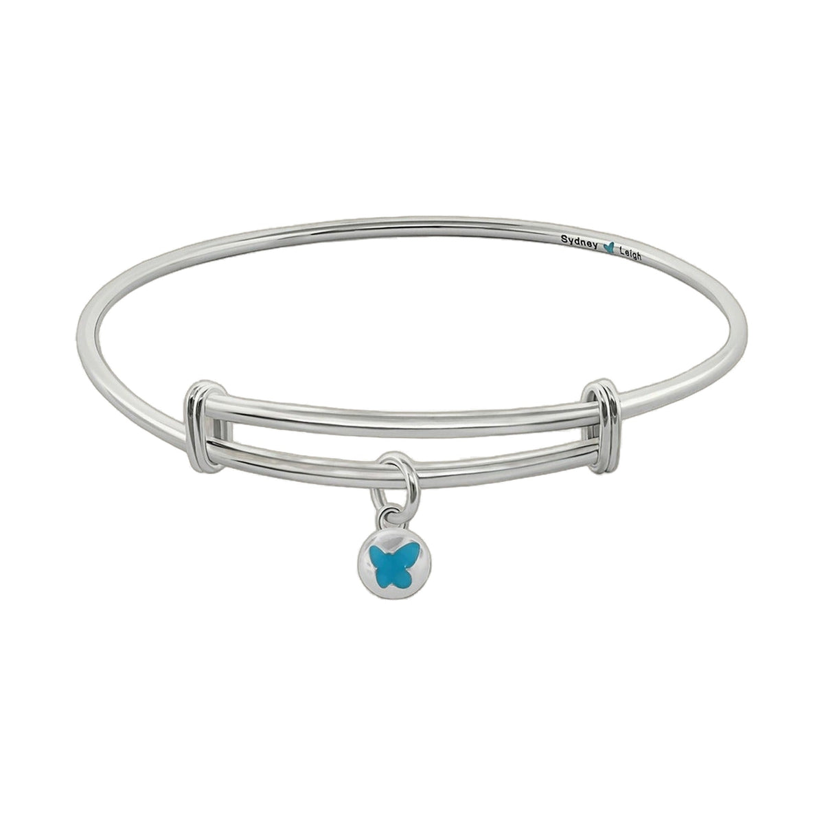 Sydney Leigh butterfly bangle with silver-tone metal and blue butterfly medallion charm on slider on Tampa Home & Garden Store