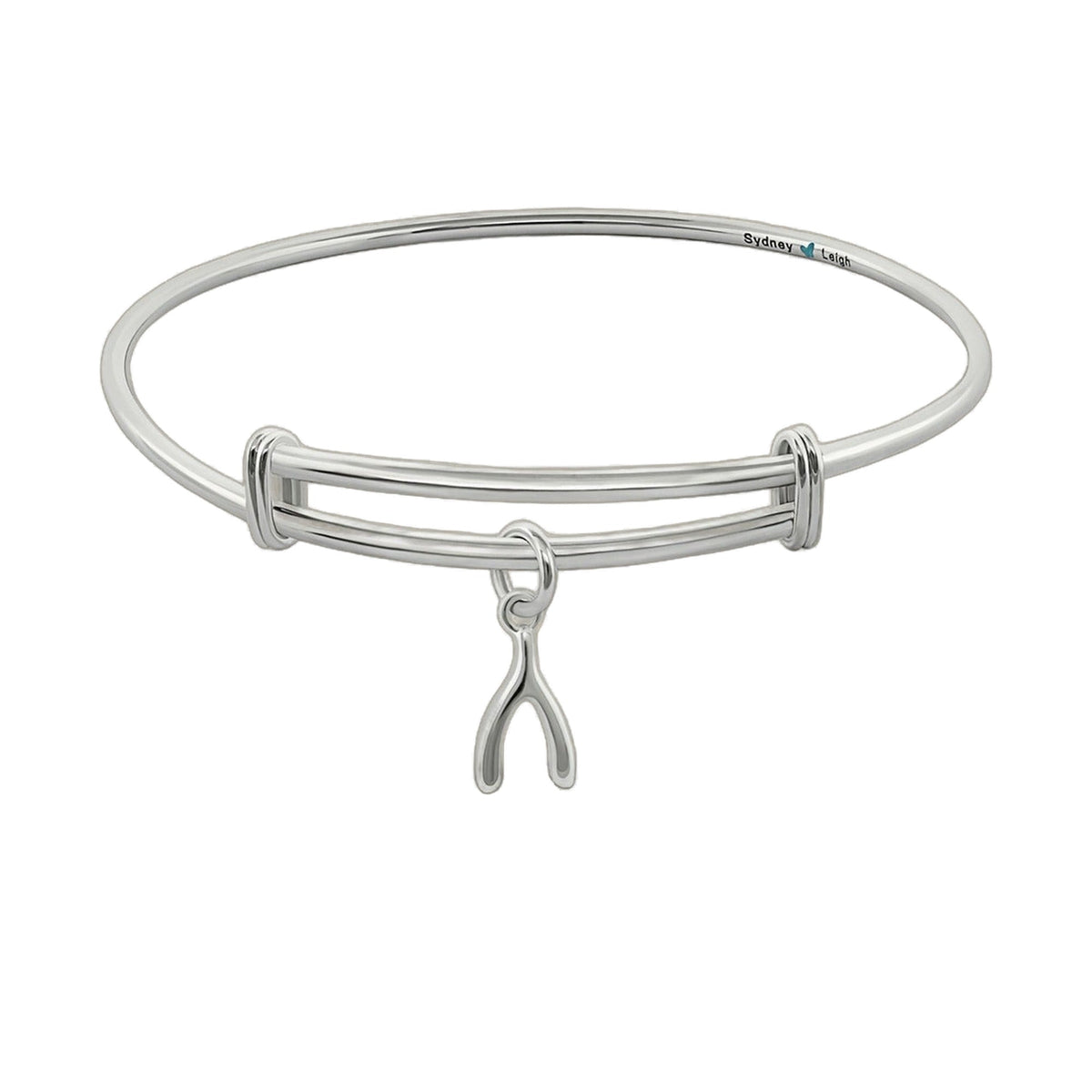 Sydney Leigh Wishbone Bangle silver bracelet with polished hoop and dangling wishbone charm on Tampa Home & Garden Store