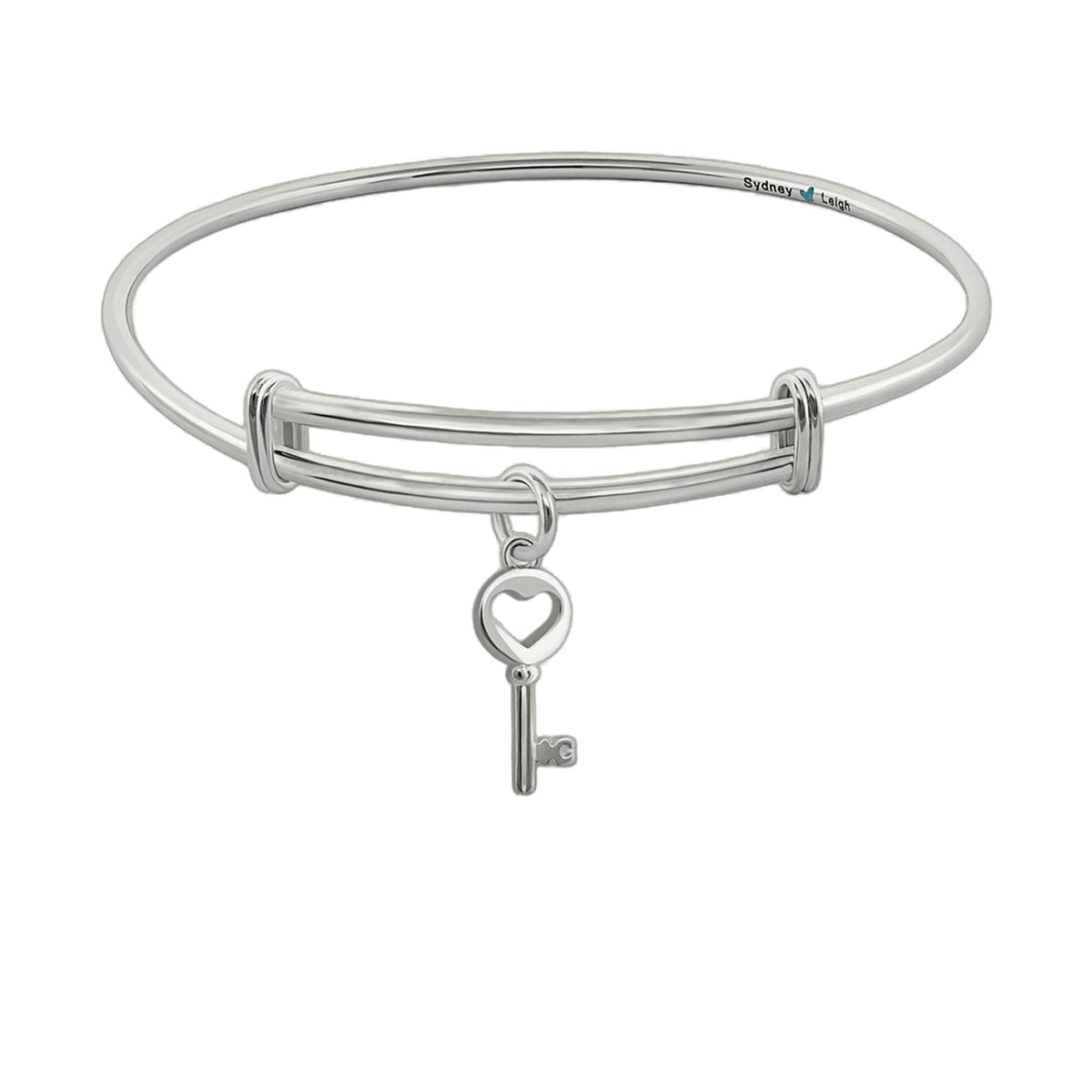 Sydney Leigh Heart Key Bangle in silver with a dangling heart-key charm engraved band on Tampa Home & Garden Store